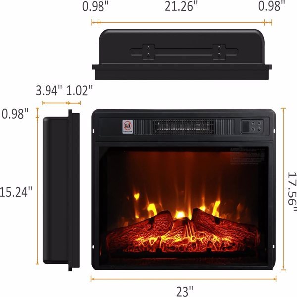 23 Inch Electric Fireplace, 3D Infrared Black Fireplace Electric Heater With Infrared Remote Control, Glass Field Of View, Adjustable Realistic Wood And Flames, Indoor, 1400W