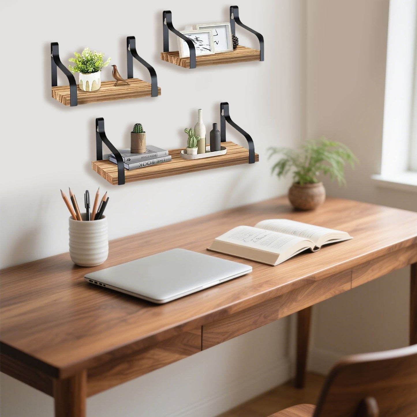 3 Pcs Wood Floating Shelves 3 Size Rustic Brown Wall Shelves Room Hanging Book Shelves Small Farmhouse Decor Wall Mounted Display For Living Room Bedroom Kitchen Bathroom Office