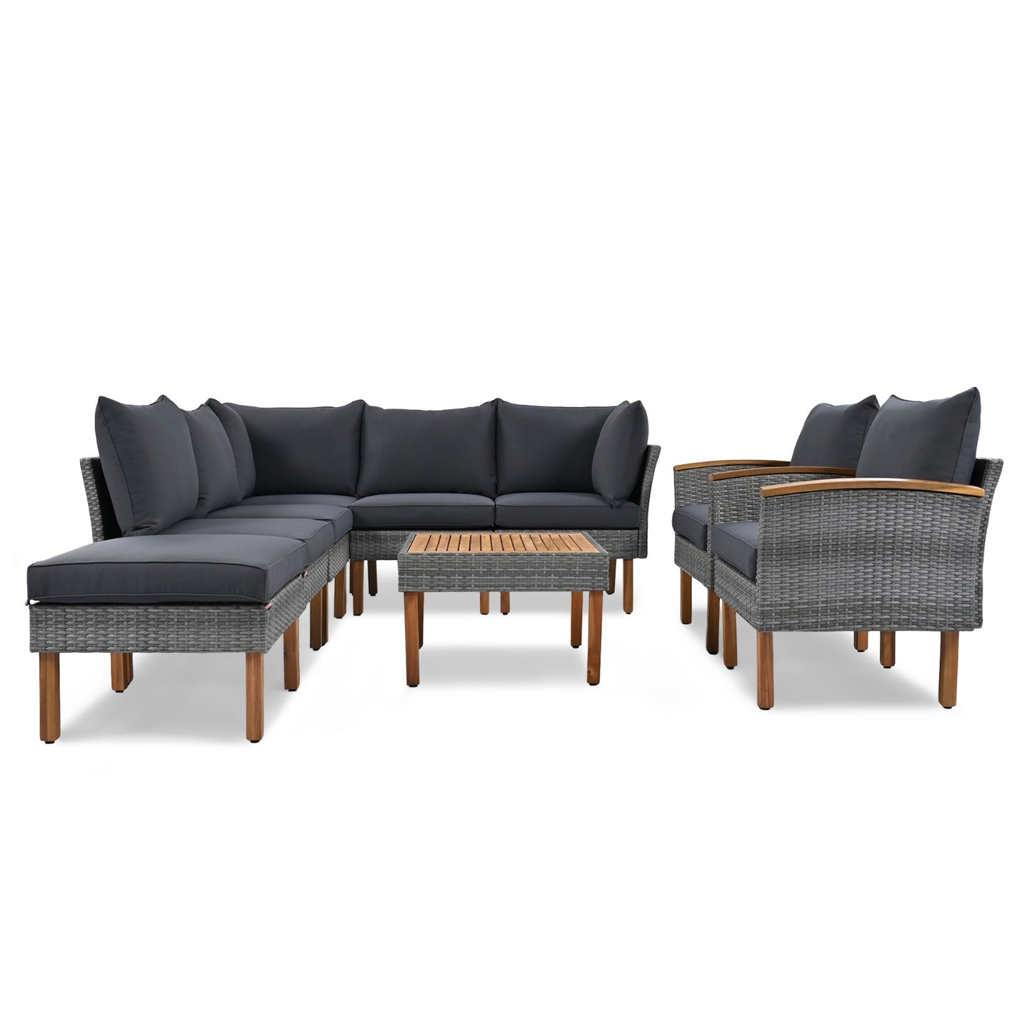 9-Piece Patio Rattan Set With Acacia Wood Legs & Tabletop, Outdoor Conversation