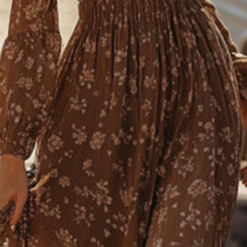 Elegant Floral Print V-Neck Dress With Puff Sleeves Elastic Waist Flowy Retro Midi Dress For Women Spring Summer Ruffled Hem Dress