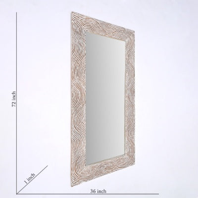 Rustic White Solid Wood Handcarved Wave Design Rectangle Mirror Accent-36 X 72