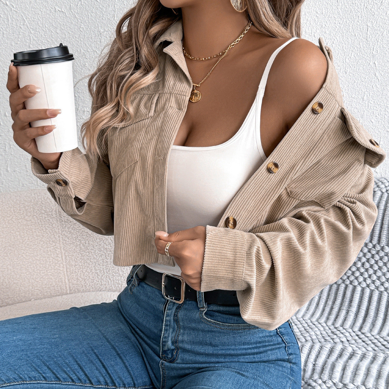 Long Sleeve Corduroy Short Jacket Women