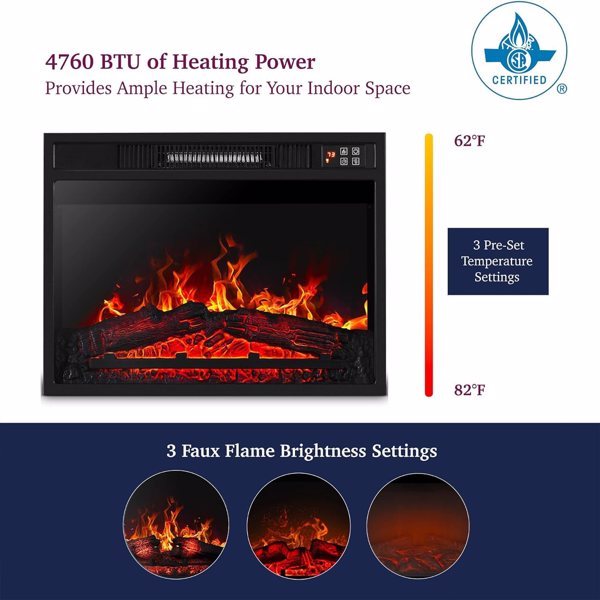 23 Inch Electric Fireplace, 3D Infrared Black Fireplace Electric Heater With Infrared Remote Control, Glass Field Of View, Adjustable Realistic Wood And Flames, Indoor, 1400W
