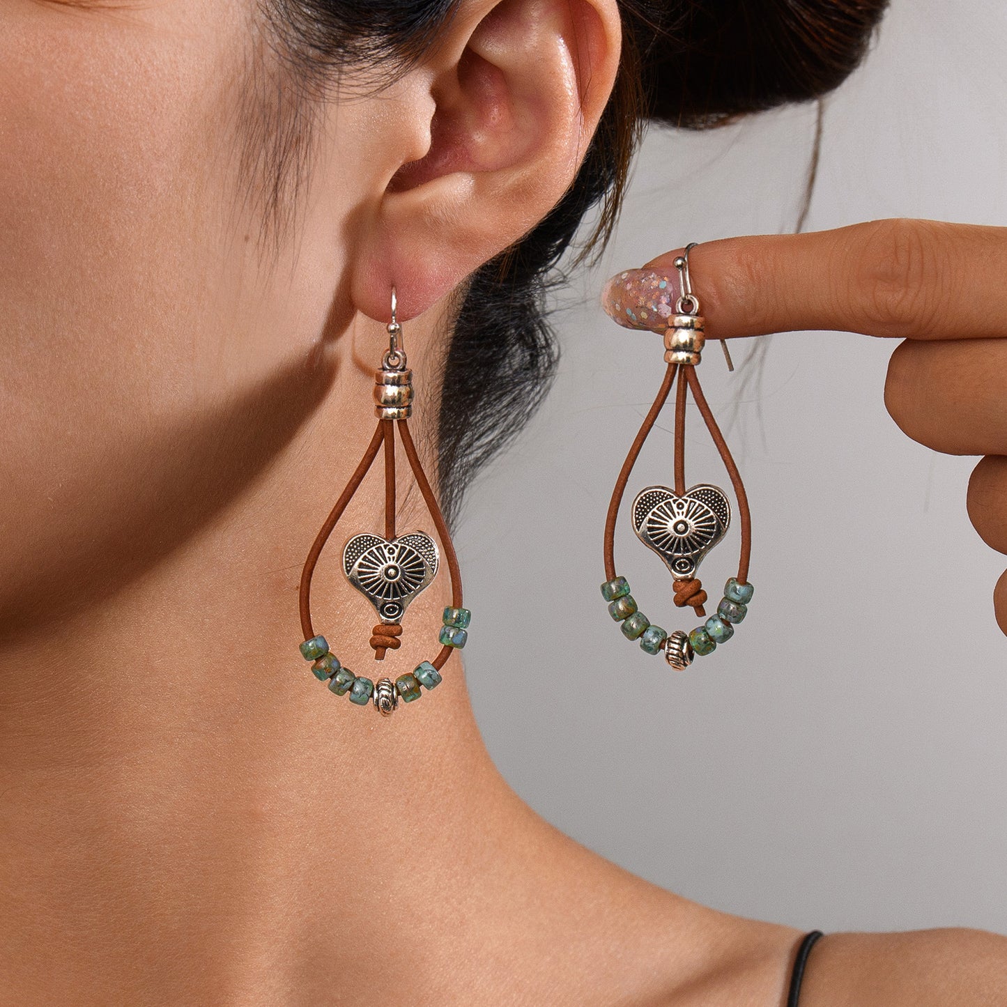 Vintage Earrings Ethnic Style Antique Silver Flower Turquoise Rope Pendant Women's Jewelry