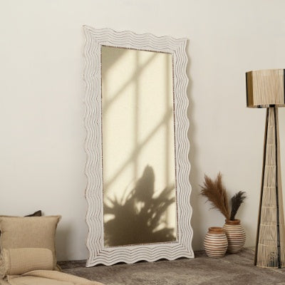 Rustic White Solid Wood Handcarved Wave Design Rectangle Mirror Accent-36 X 72