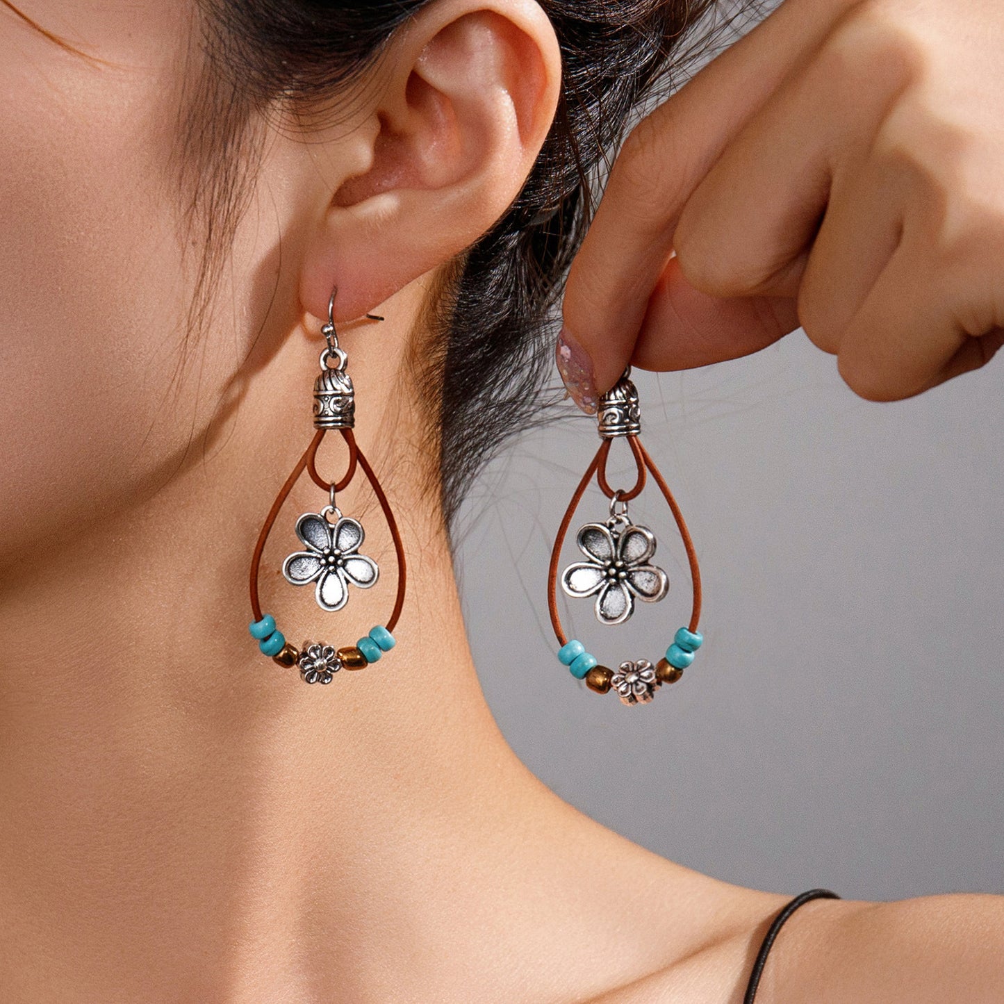 Vintage Earrings Ethnic Style Antique Silver Flower Turquoise Rope Pendant Women's Jewelry