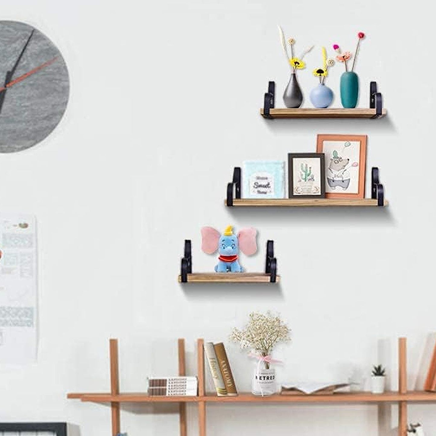 3 Pcs Wood Floating Shelves 3 Size Rustic Brown Wall Shelves Room Hanging Book Shelves Small Farmhouse Decor Wall Mounted Display For Living Room Bedroom Kitchen Bathroom Office