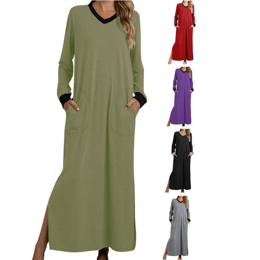 Women's V-neck Long Dress Contrast Color Pocket Pullover