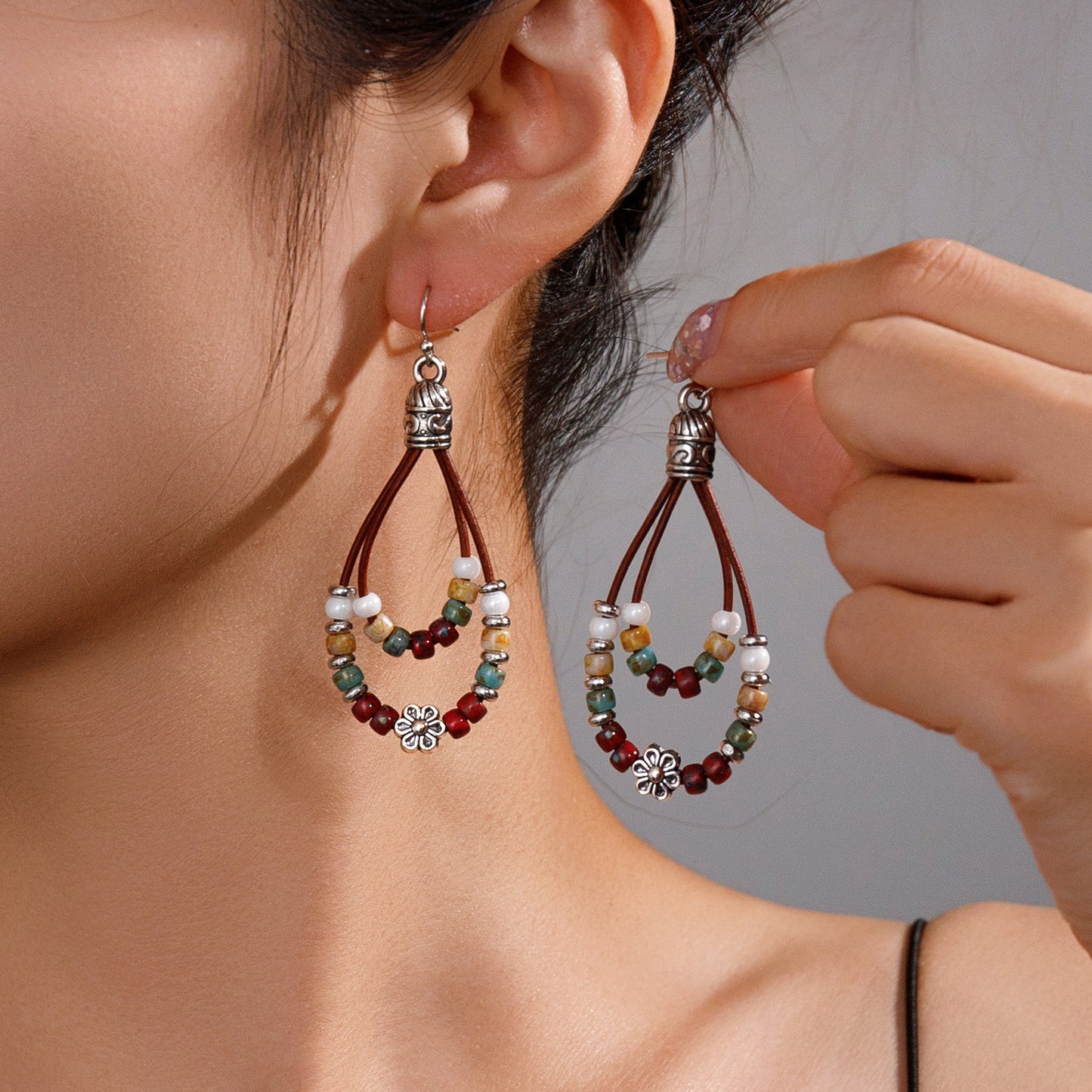 Vintage Earrings Ethnic Style Antique Silver Flower Turquoise Rope Pendant Women's Jewelry